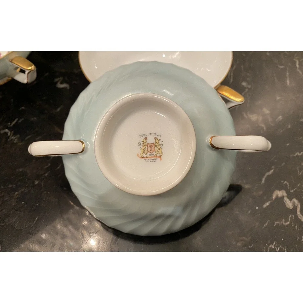 6 Royal Bayreuth Germany Swirl Turquoise Flat Cream Soup Bowls Double Handle